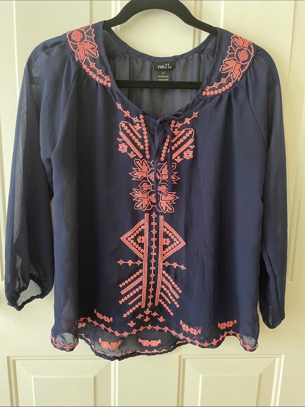 rue21 Navy Blouse with Coral Pink Embroidery Size S. Boho Sheer